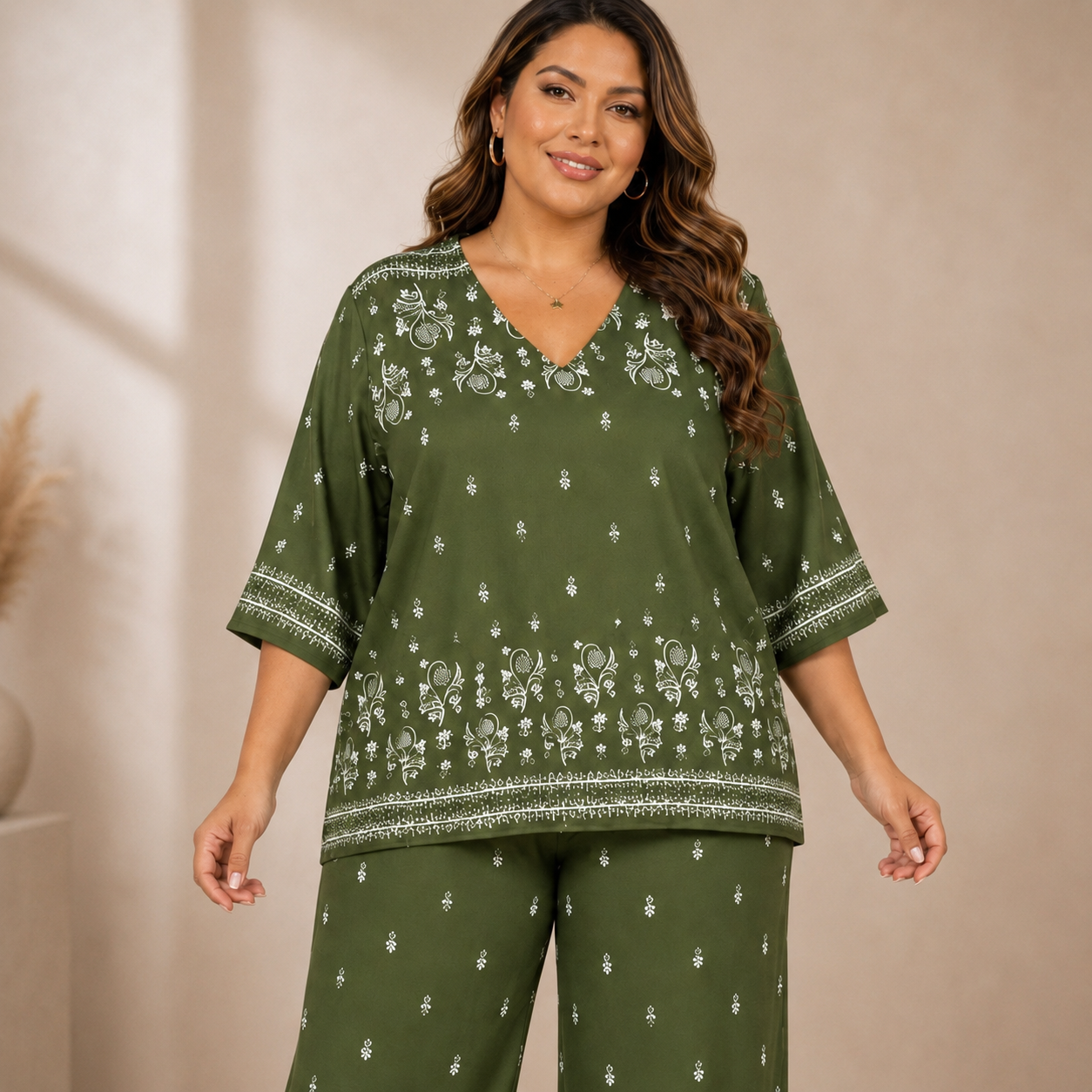 Conjunto Plus Size Verde Oliva Estampado