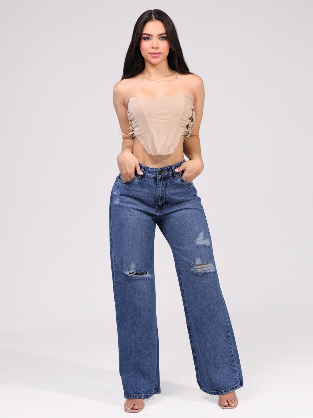 Jeans Wide Leg Rotos Azul Medio para mujer
