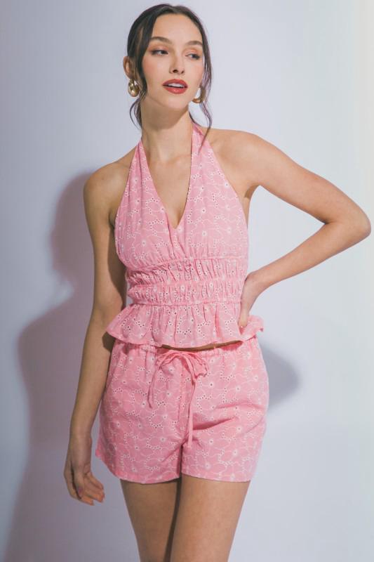 Pink Eyelet Halter Two-Piece Set