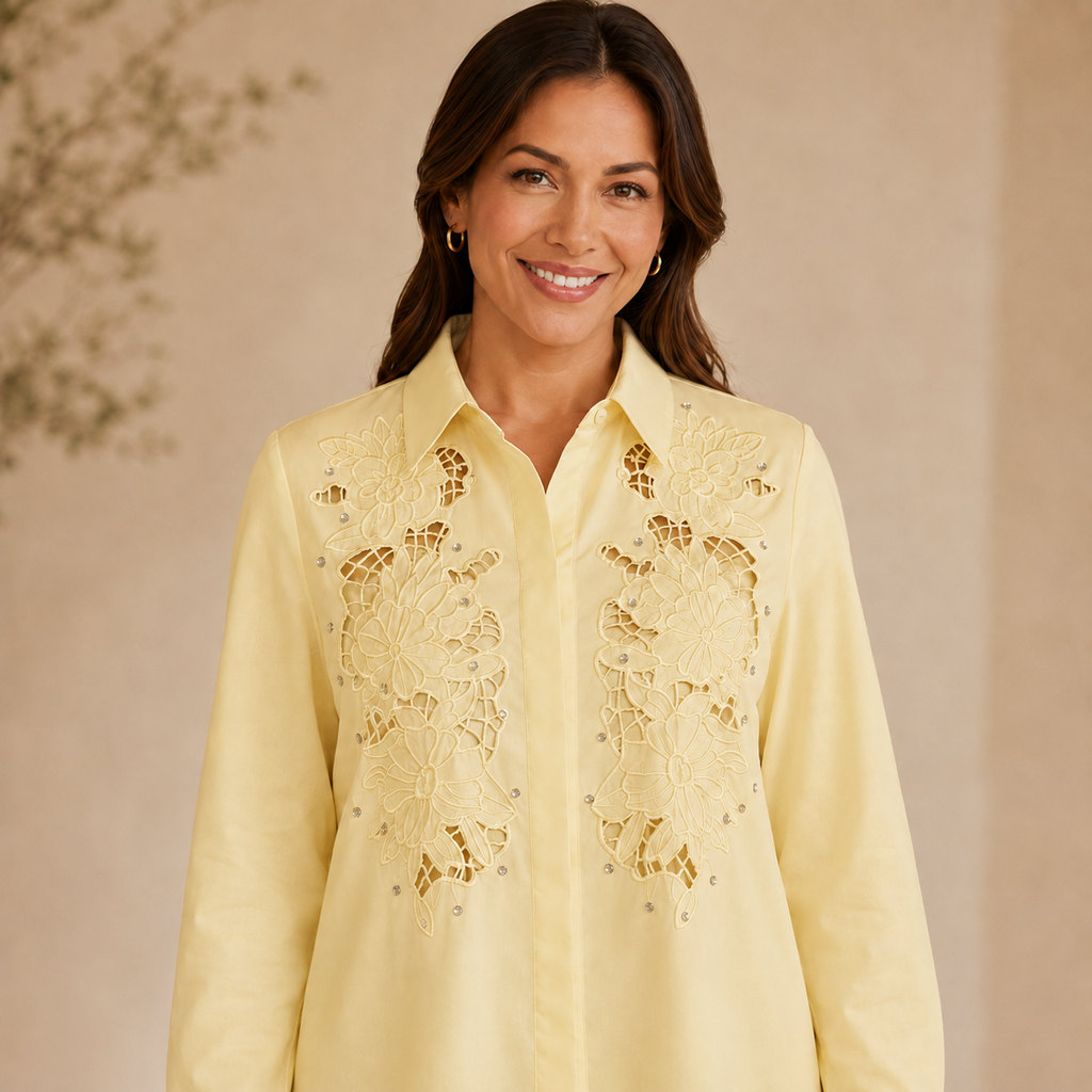 Blusa Amarilla con Bordado Floral y Cristales
