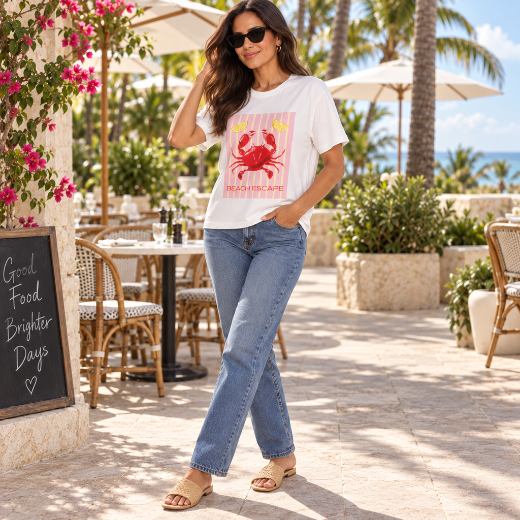 Camiseta Blanca Beach Escape con Estampado de Cangrejo
