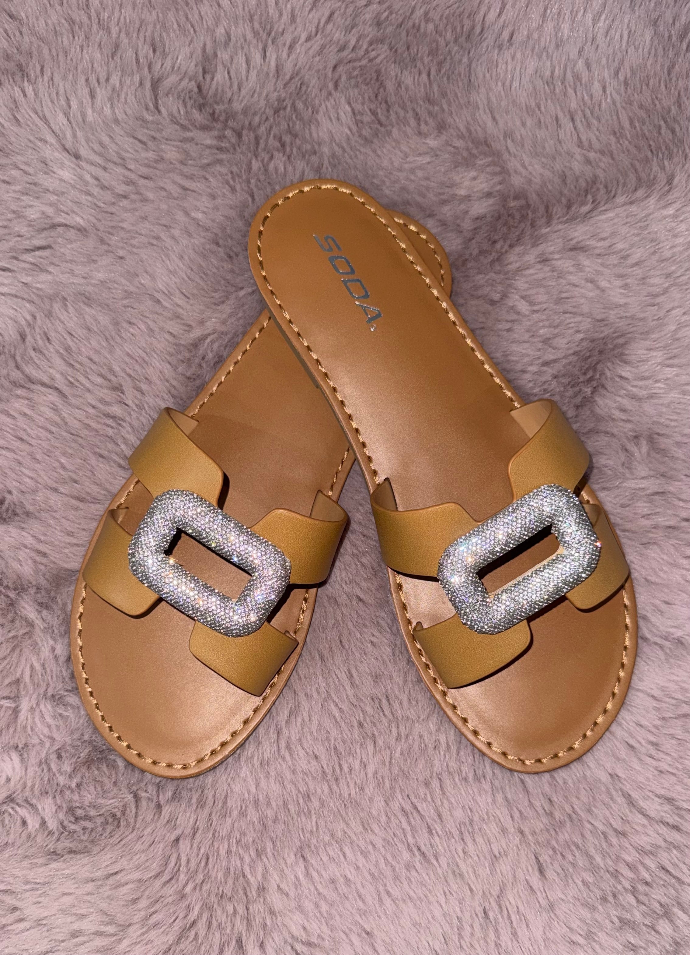 Camel Crystal Buckle Slide Sandals