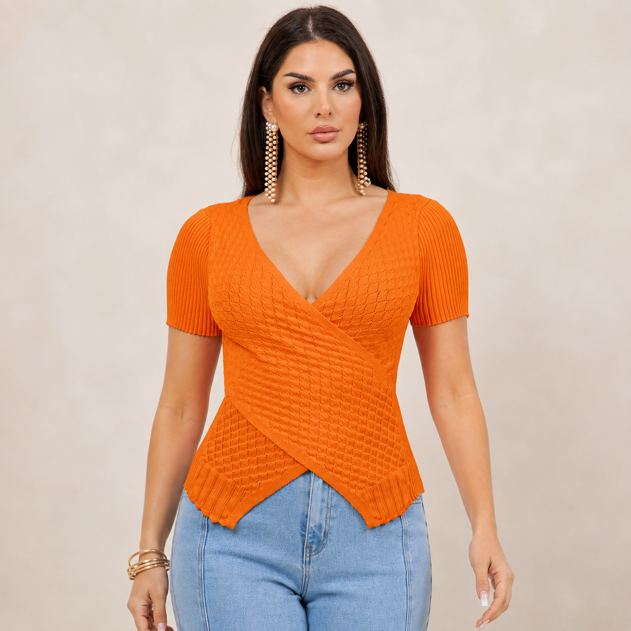 Blusa Naranja de Punto con Diseño Cruzado