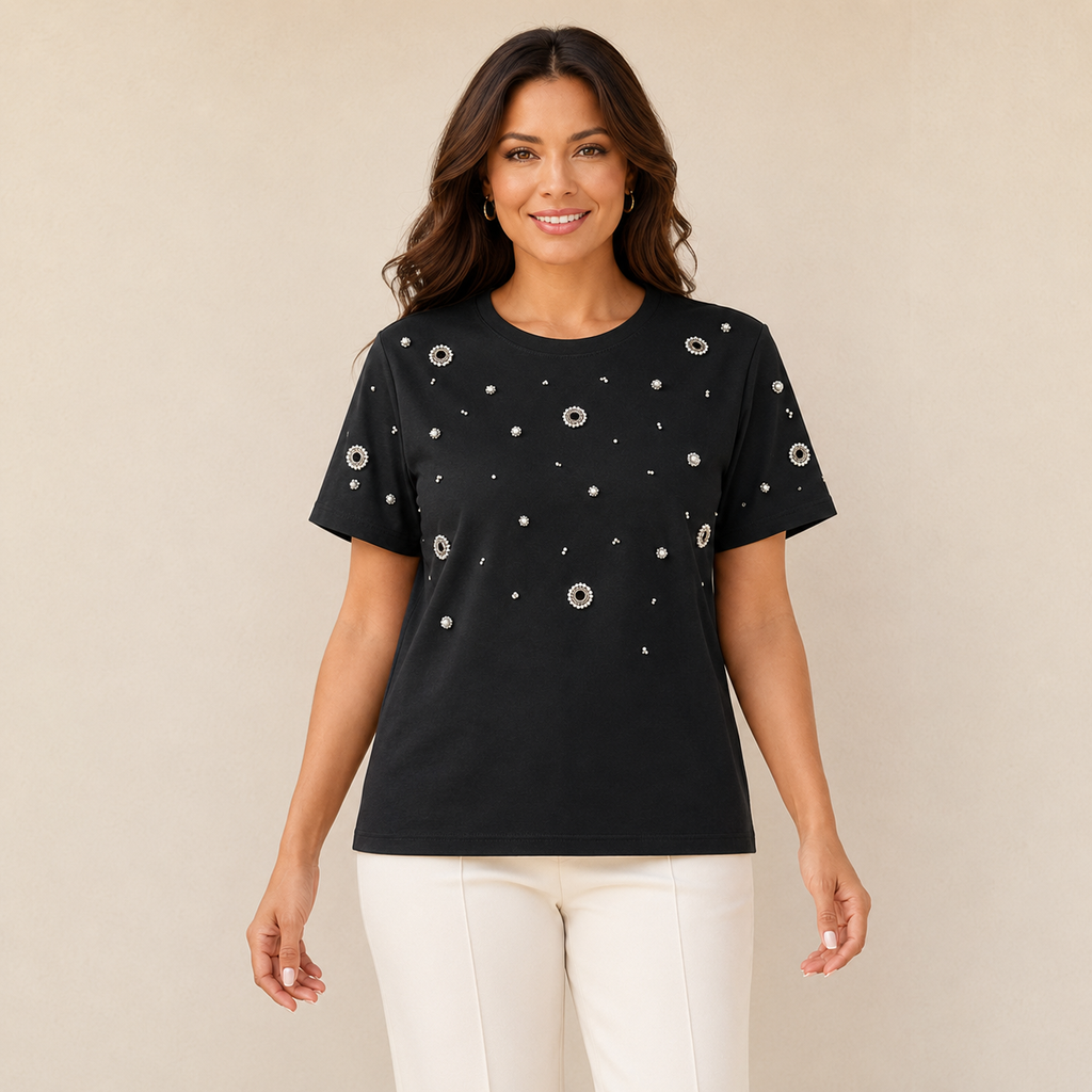 Blusa Negra con Perlas y Detalles Brillantes
