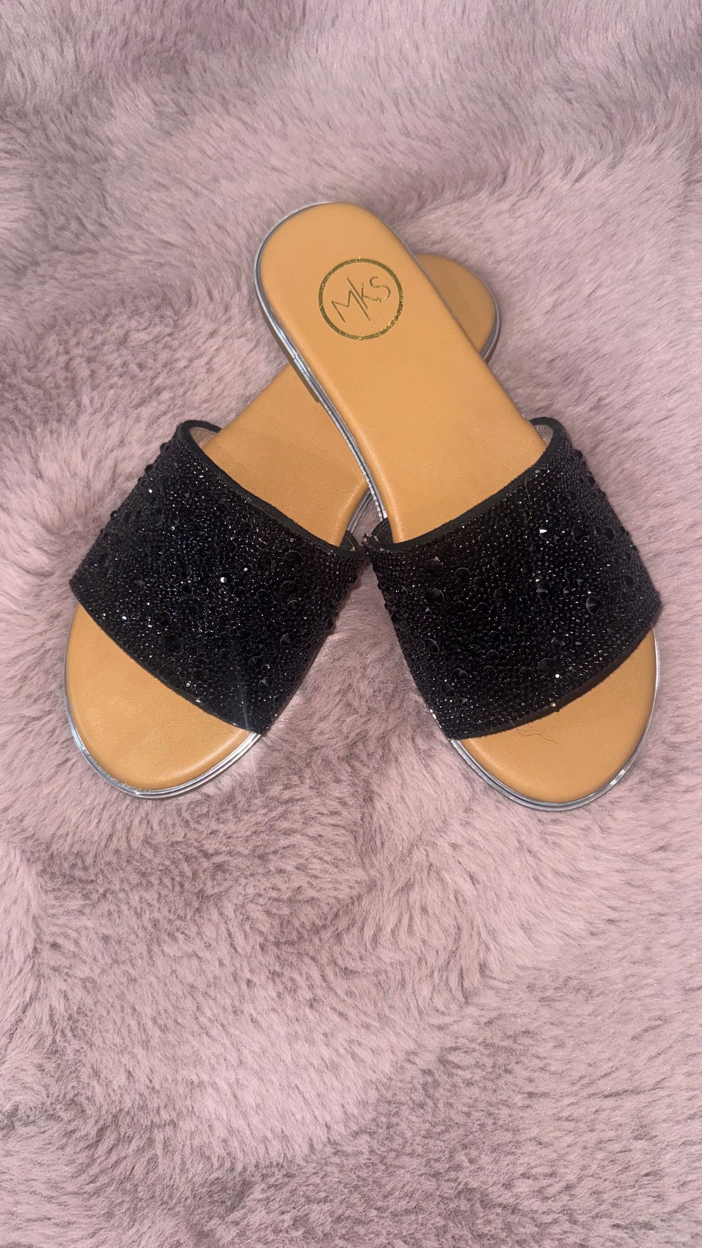 Black Rhinestone Slide Sandals