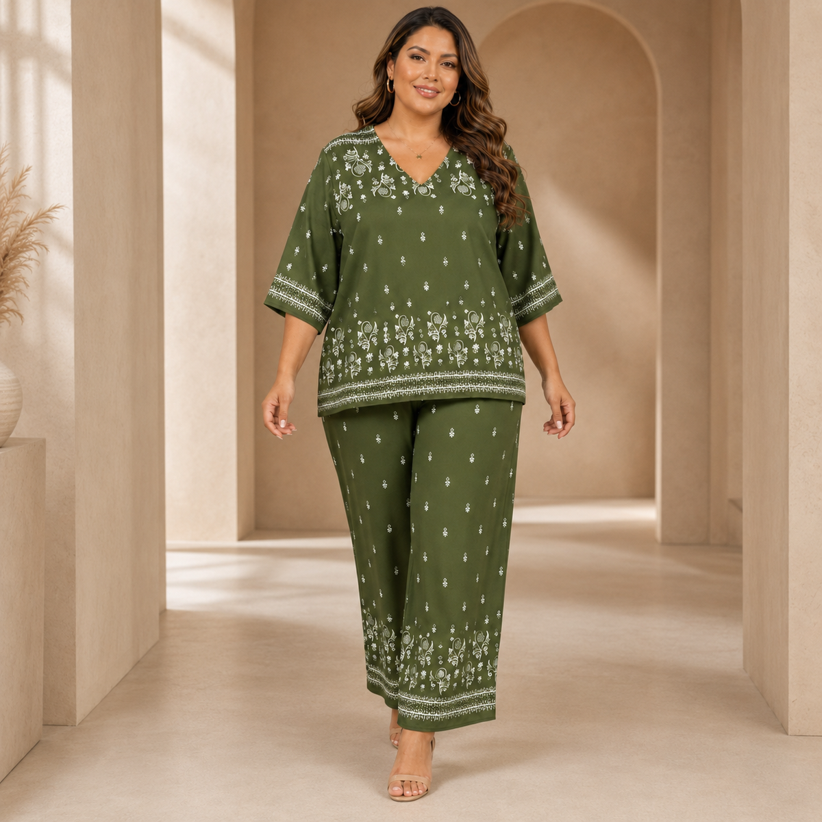 Conjunto Plus Size Verde Oliva Estampado