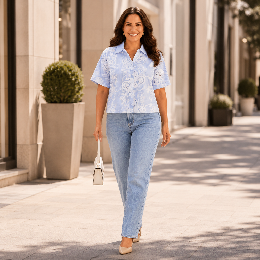 Blusa de Rayas Azul con Bordado Floral