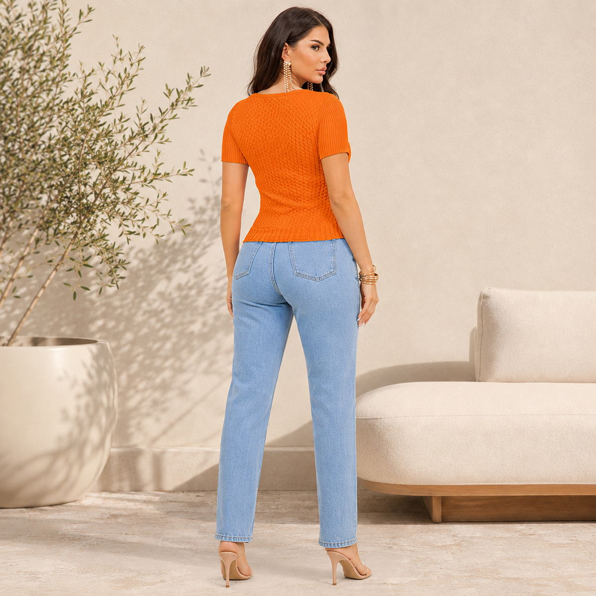 Blusa Naranja de Punto con Diseño Cruzado