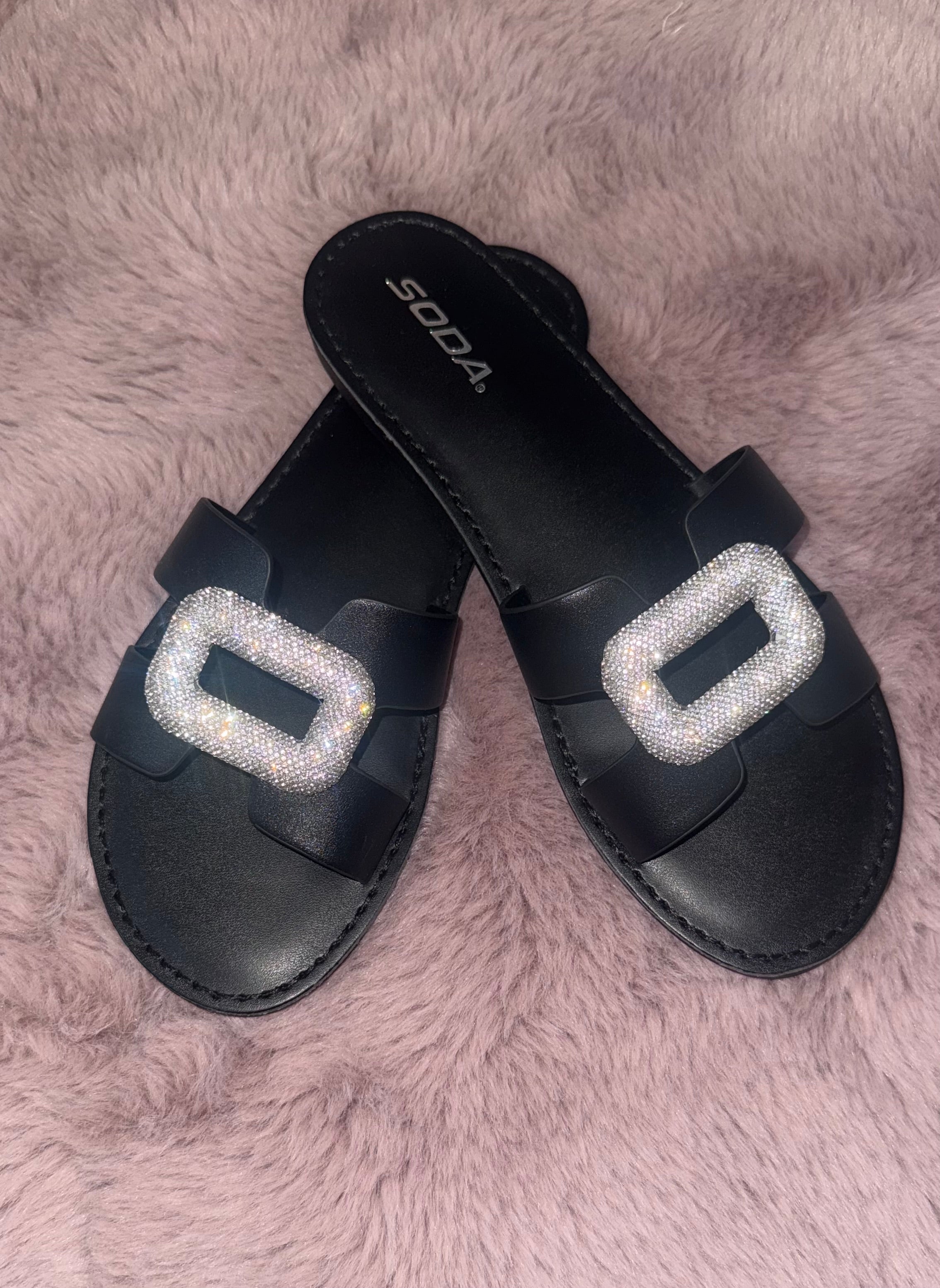 Black Crystal Buckle Slide Sandals