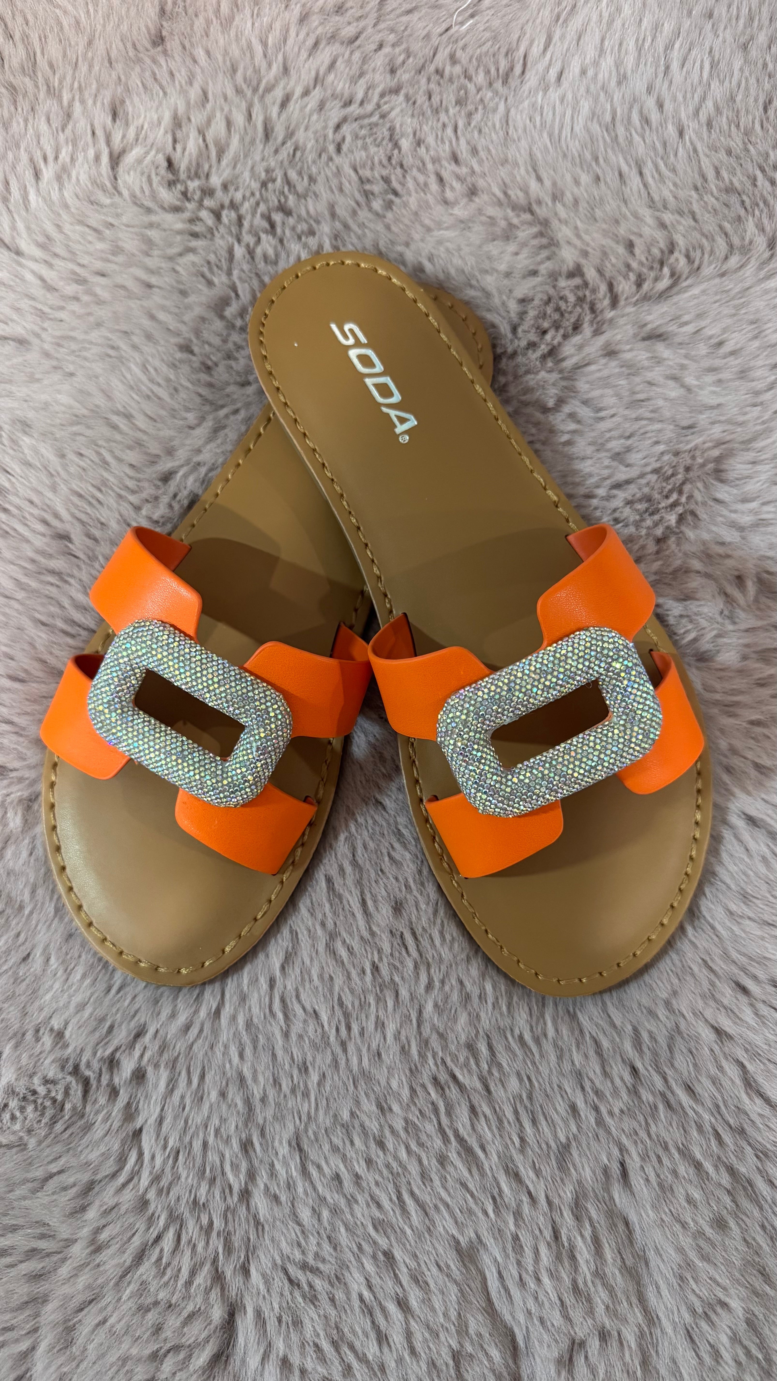 Orange Crystal Buckle Slide Sandals