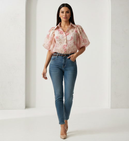 Pink Floral Organza Puff Sleeve Top