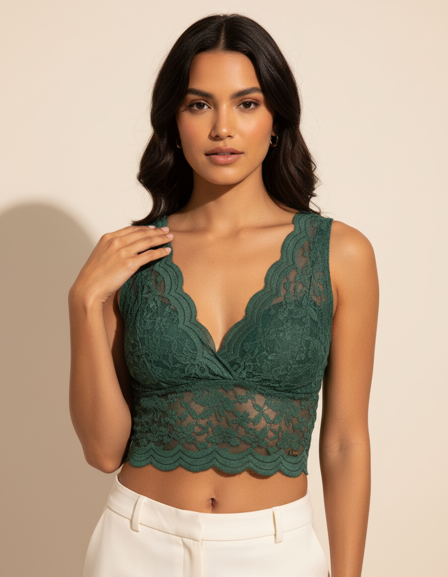 Top crop de encaje verde esmeralda con escote en V