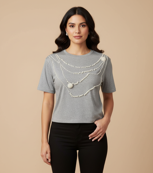 Blusa Gris con Perlas para mujer