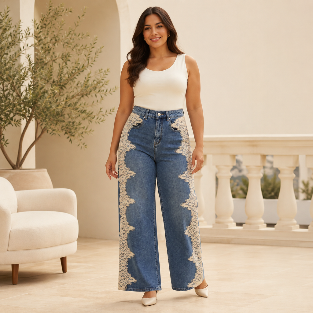Jeans de Pierna Ancha con Detalles de Encaje