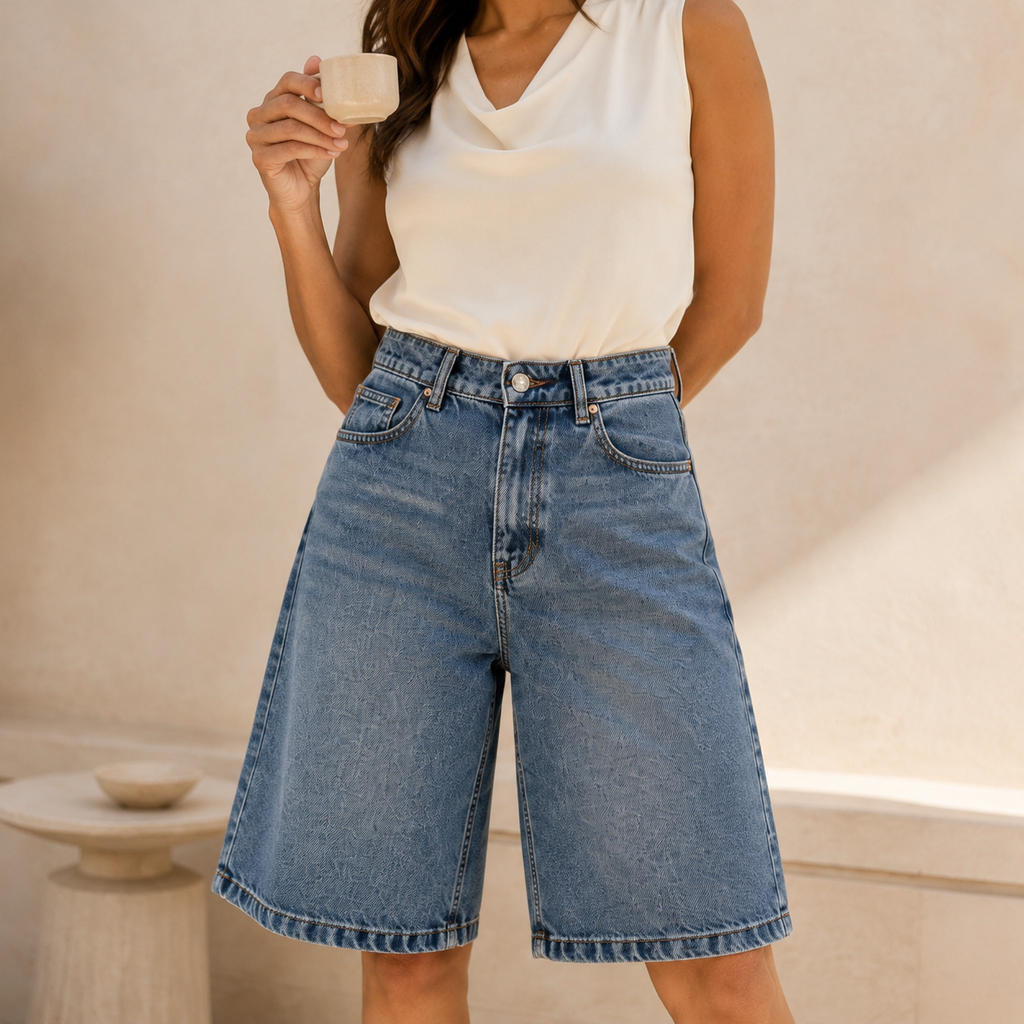 Jorts Baggy Azul Medio Tiro Alto