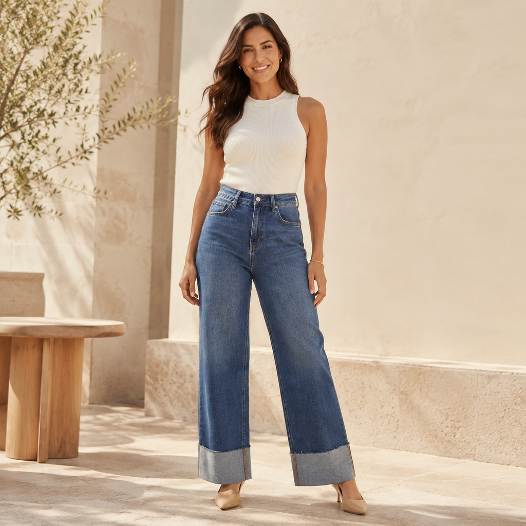 Jeans Wide Leg de Tiro Alto con Dobladillo