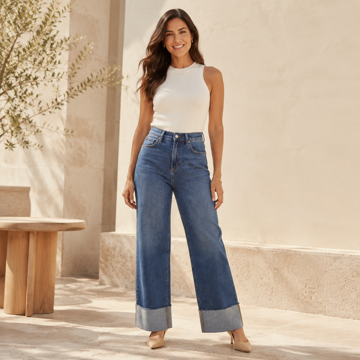 Jeans Wide Leg de Tiro Alto con Dobladillo