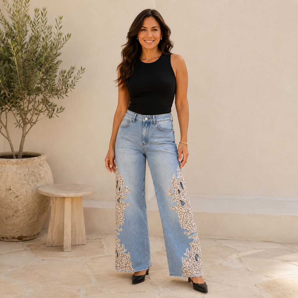 Jeans de Pierna Ancha con Detalles Animal Print