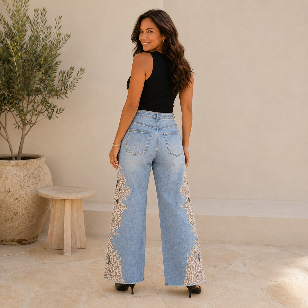Jeans de Pierna Ancha con Detalles Animal Print