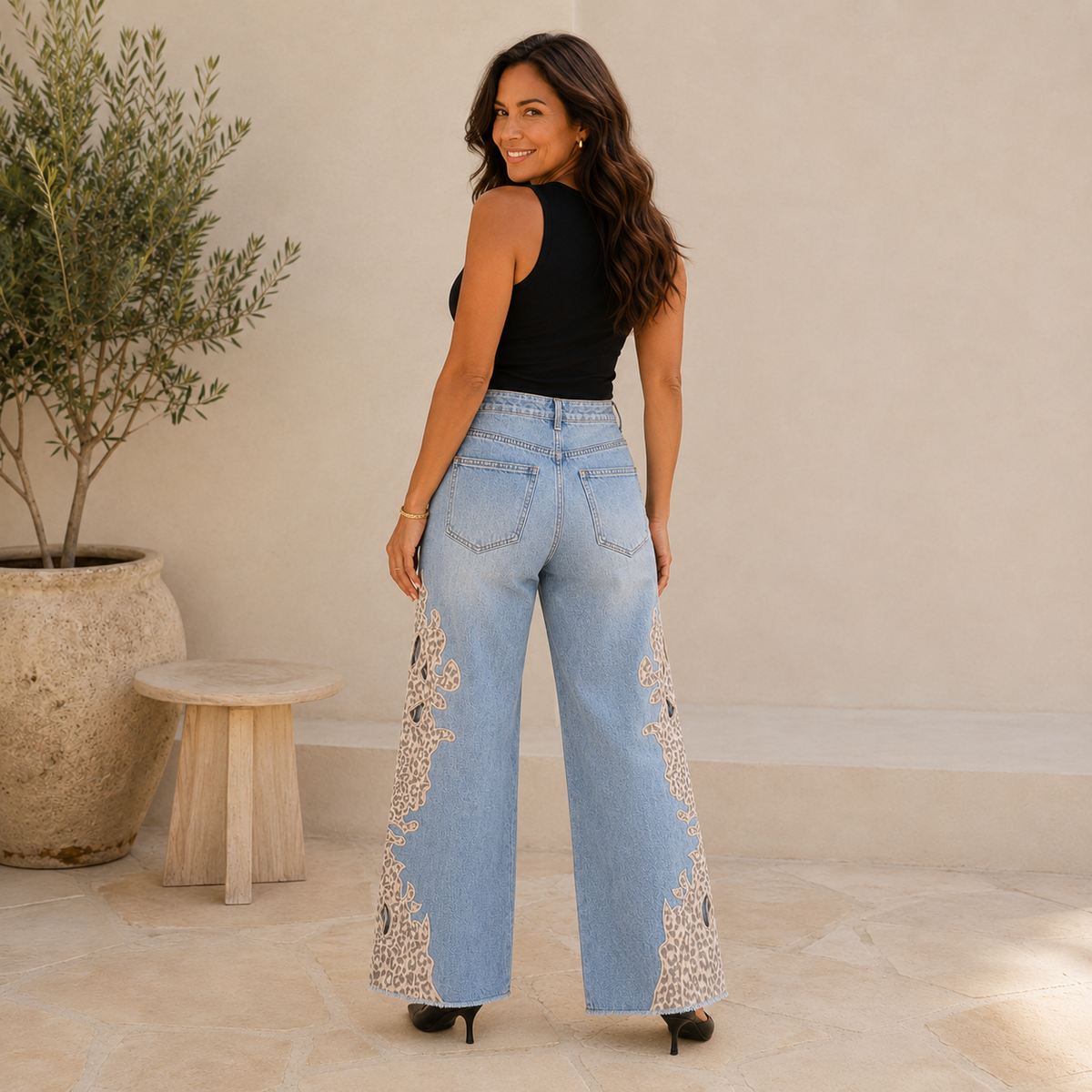 Jeans de Pierna Ancha con Detalles Animal Print