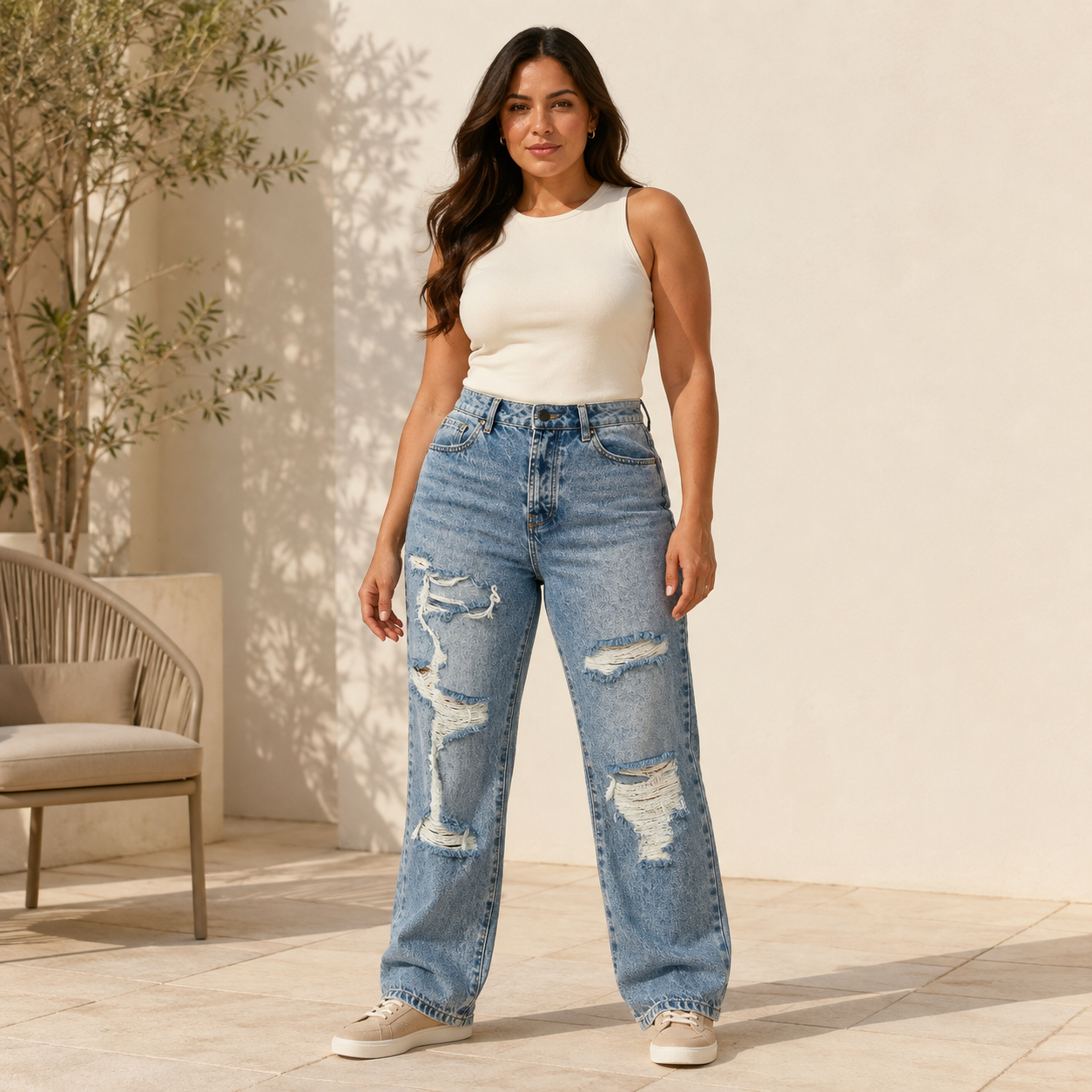 Seeking Thrills Shredded Straight Leg Jeans - Medium Wash