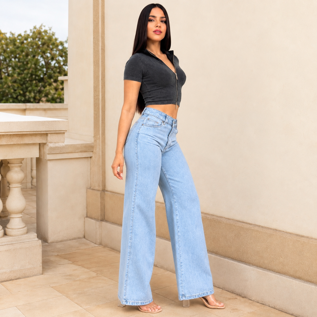 Jeans Wide Leg Azul Claro Tiro Alto