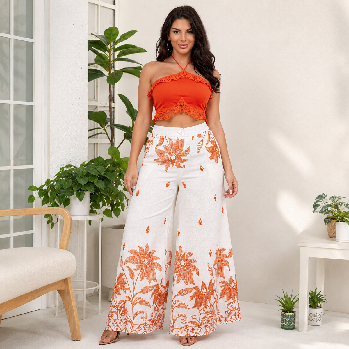 Pantalón Palazzo Blanco con Estampado Floral Naranja