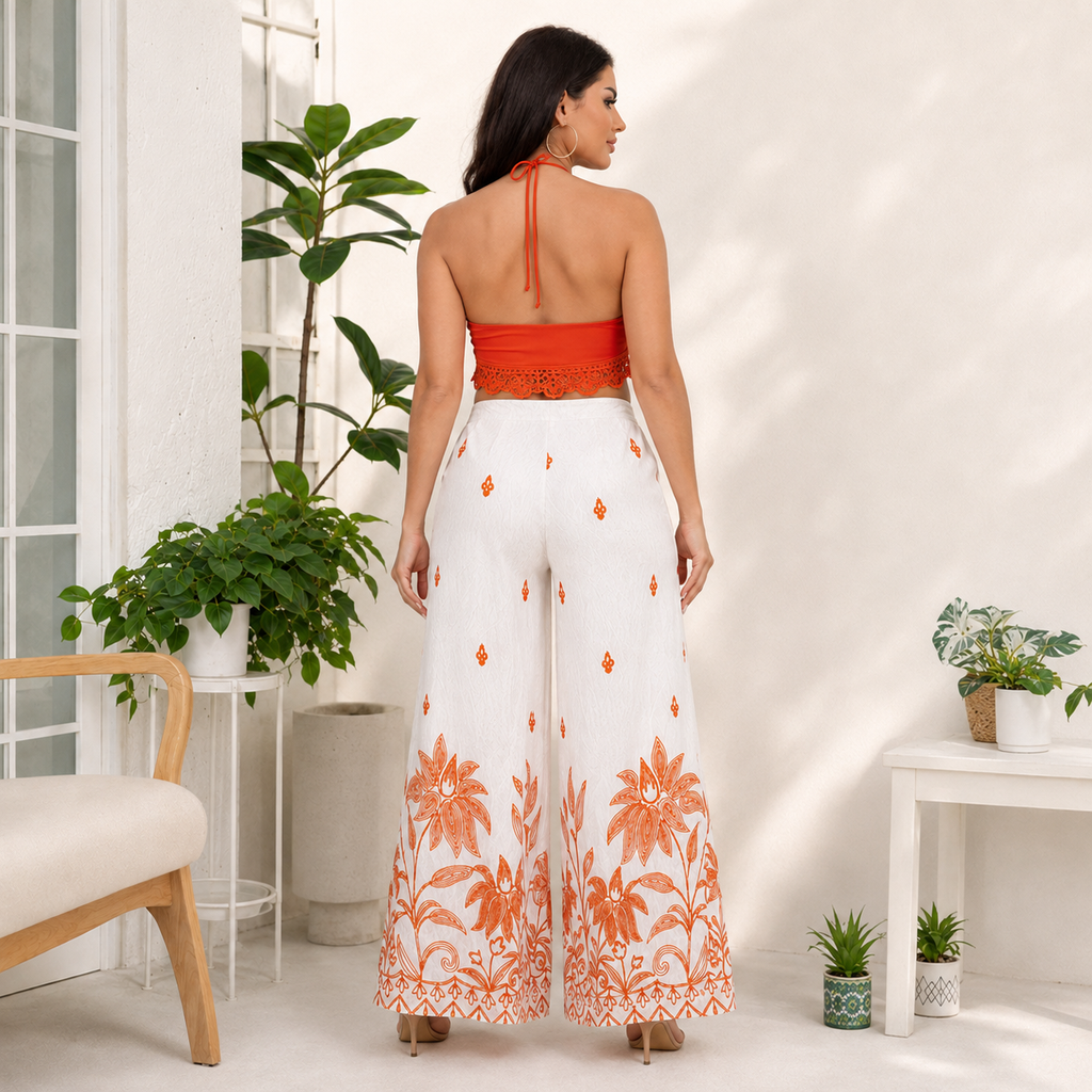Pantalón Palazzo Blanco con Estampado Floral Naranja