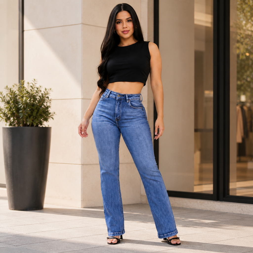 Jeans Acampanados Azul Medio Tiro Alto