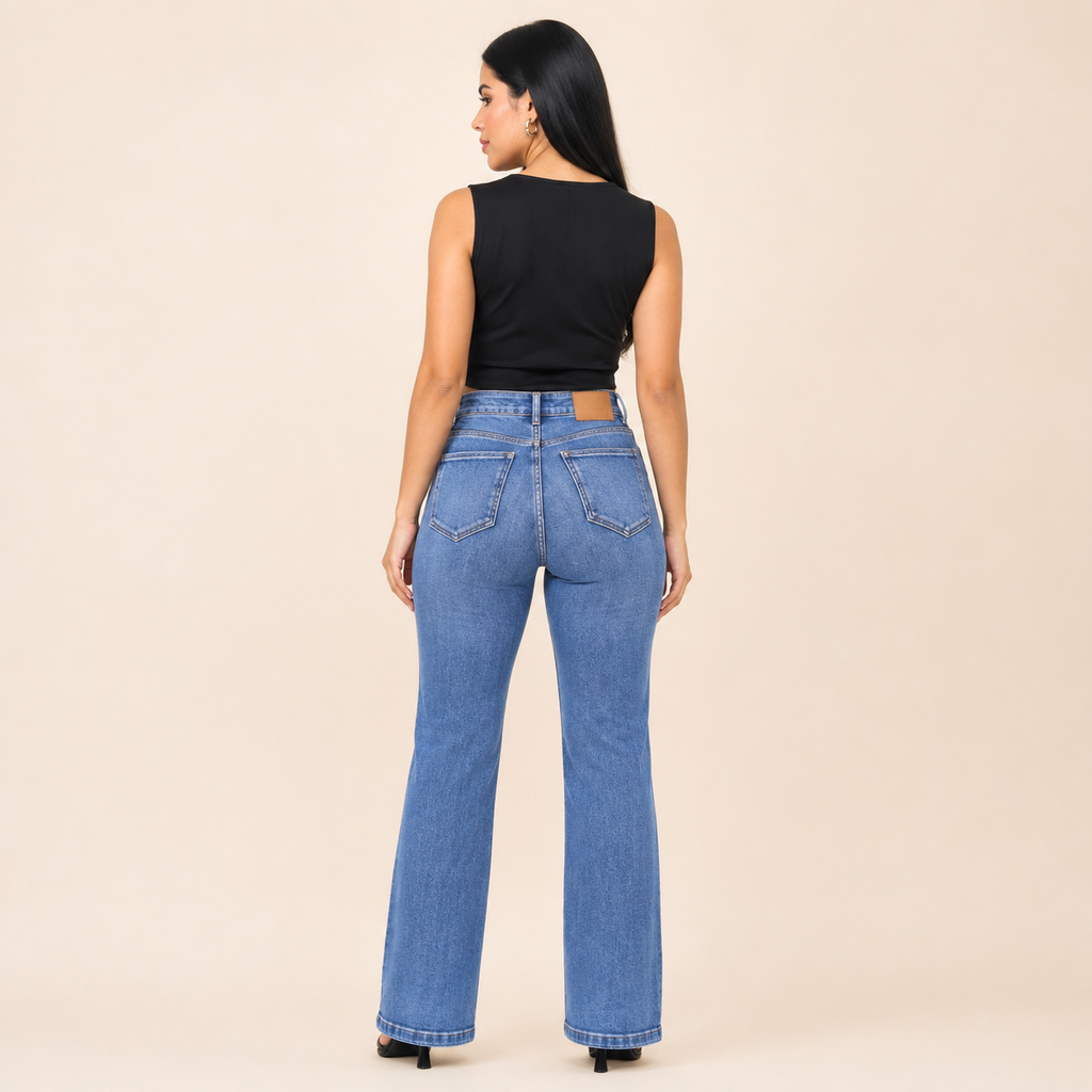 Jeans Acampanados Azul Medio Tiro Alto