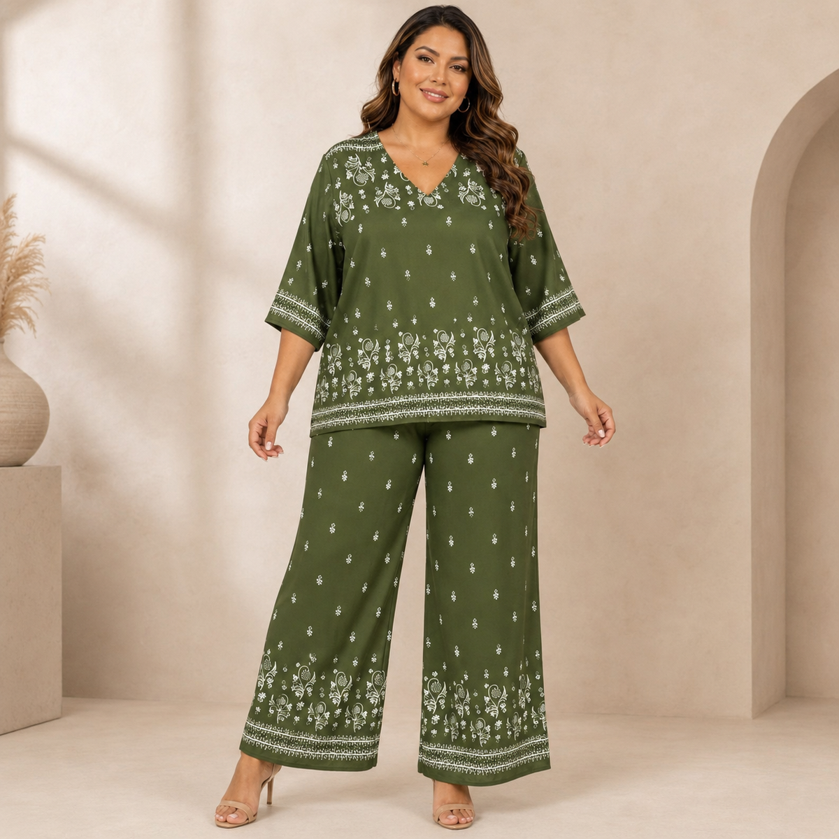 Conjunto Plus Size Verde Oliva Estampado