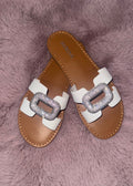 White Crystal Buckle Slide Sandals