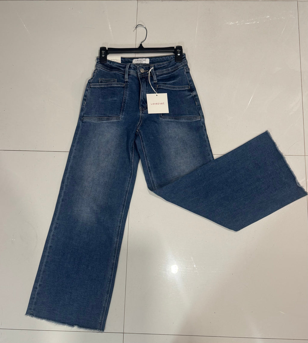 High-waist wide-leg patch pocket jeans flat lay