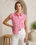 Pink Eyelet Ruffle Sleeve Button-Up Top