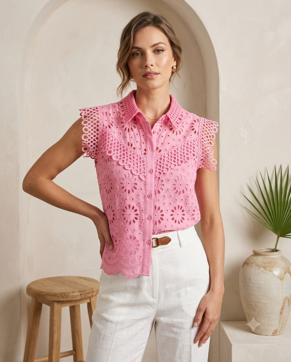 Pink Eyelet Ruffle Sleeve Button-Up Top