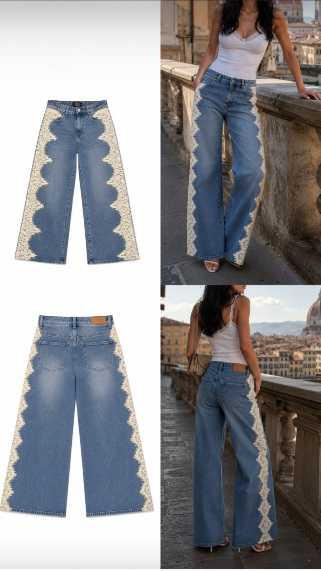 Lace Panel Wide-Leg Jeans