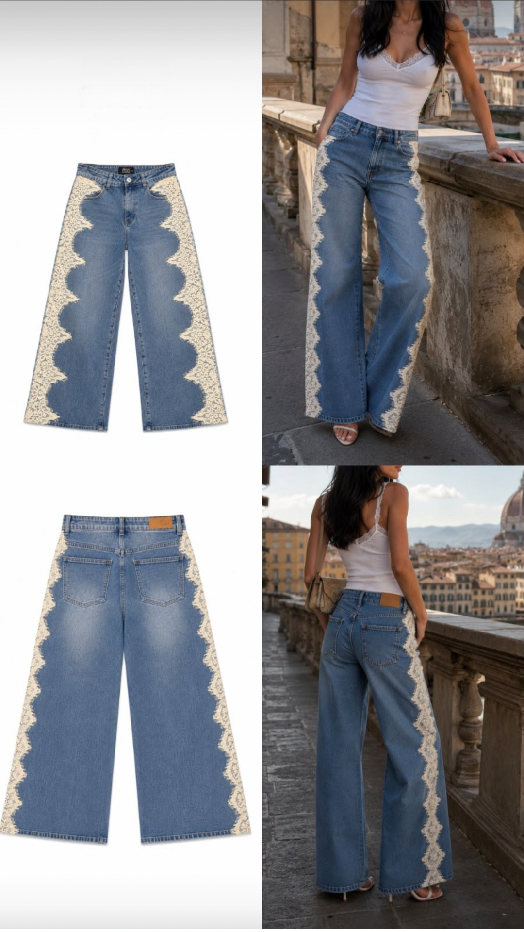 Lace Panel Wide-Leg Jeans