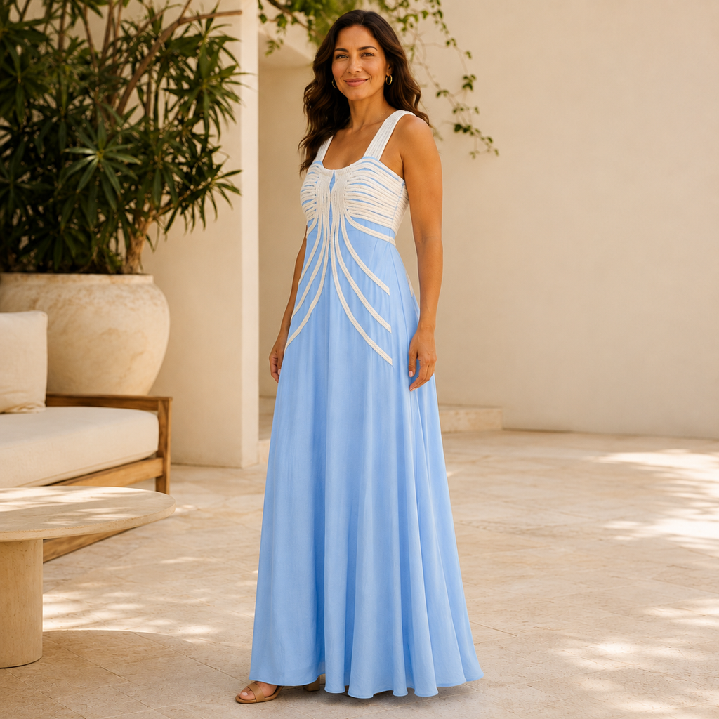 Vestido Maxi Azul y Blanco con Corset