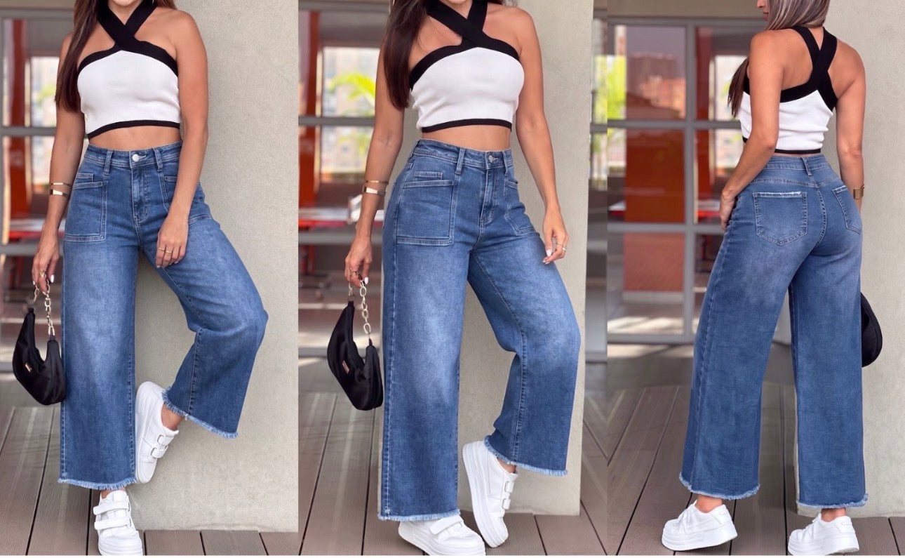 High-waist wide-leg patch pocket jeans three views