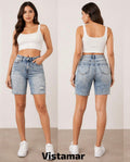 High-waist bermuda denim shorts front and back view