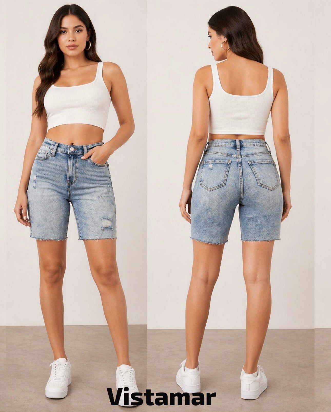 High-waist bermuda denim shorts front and back view