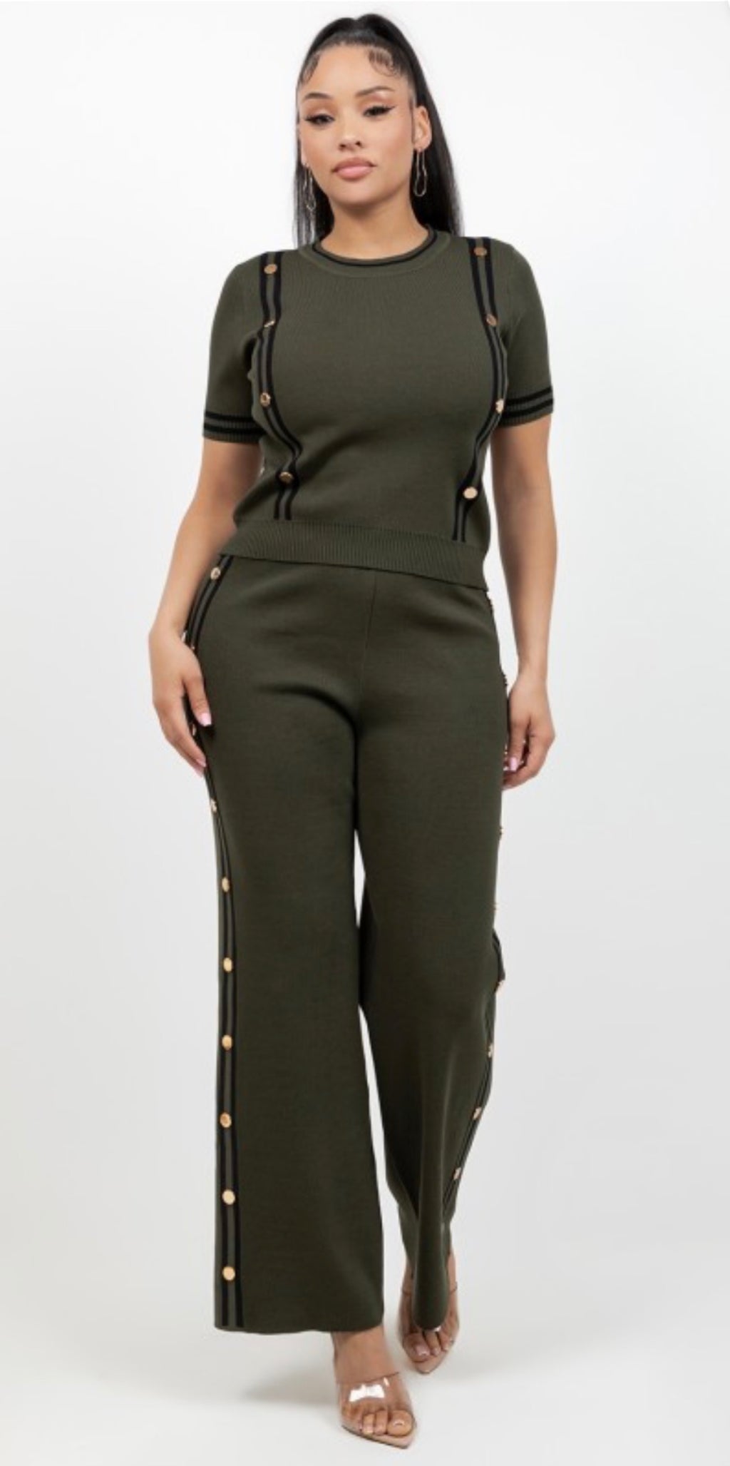 Olive Green Button-Trim Two-Piece Set