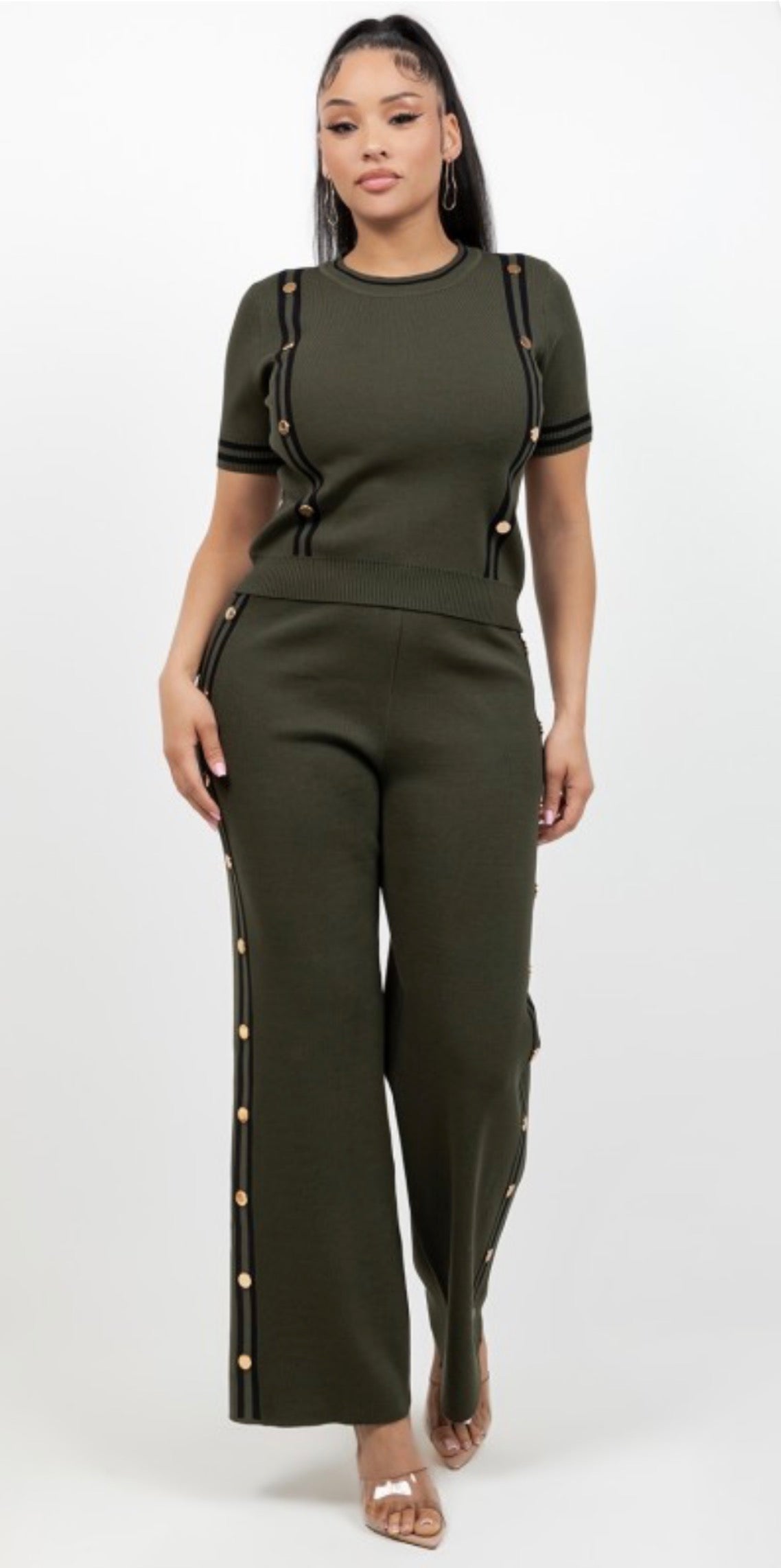 Olive Green Button-Trim Two-Piece Set