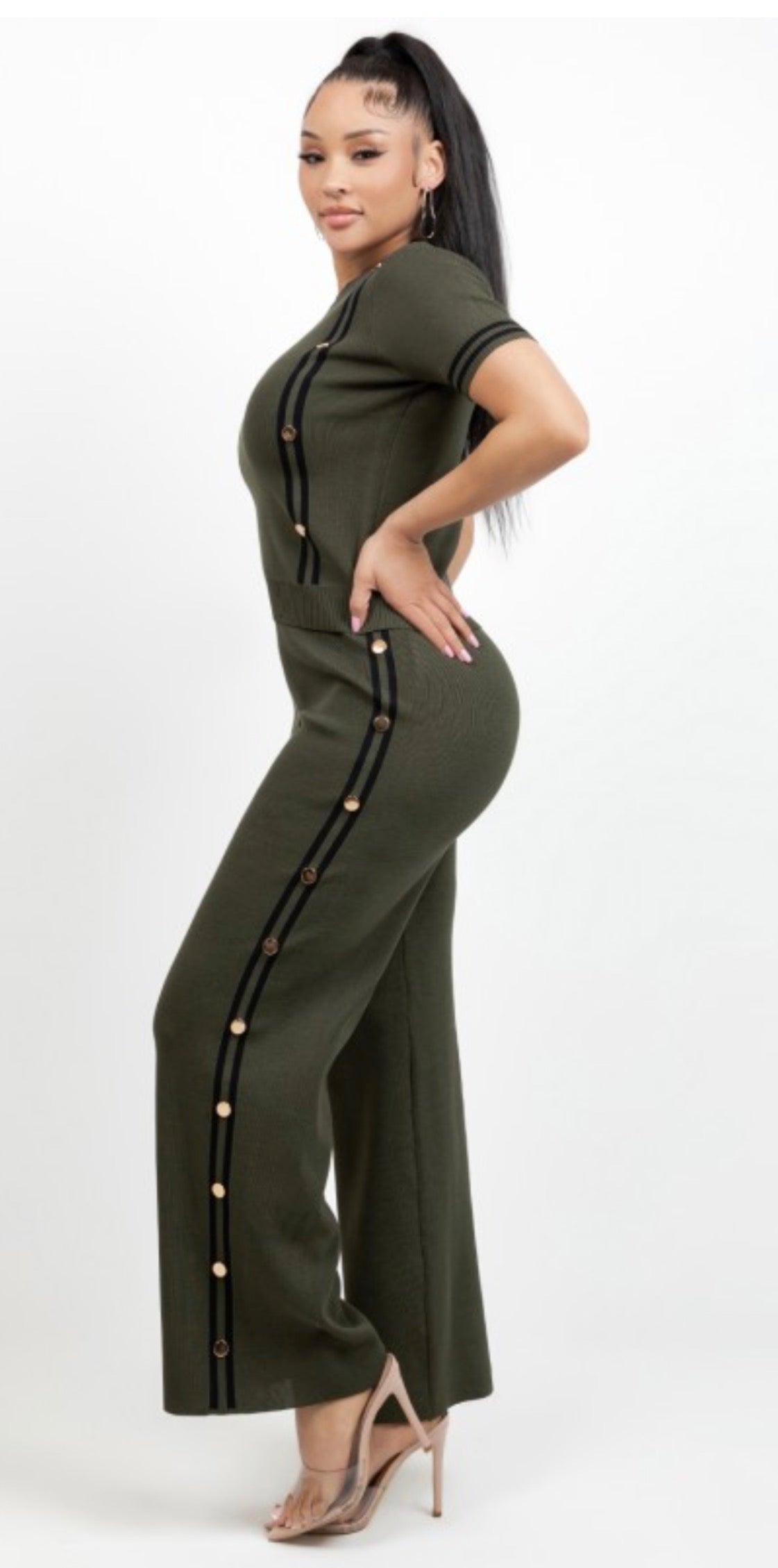 Olive Green Button-Trim Two-Piece Set