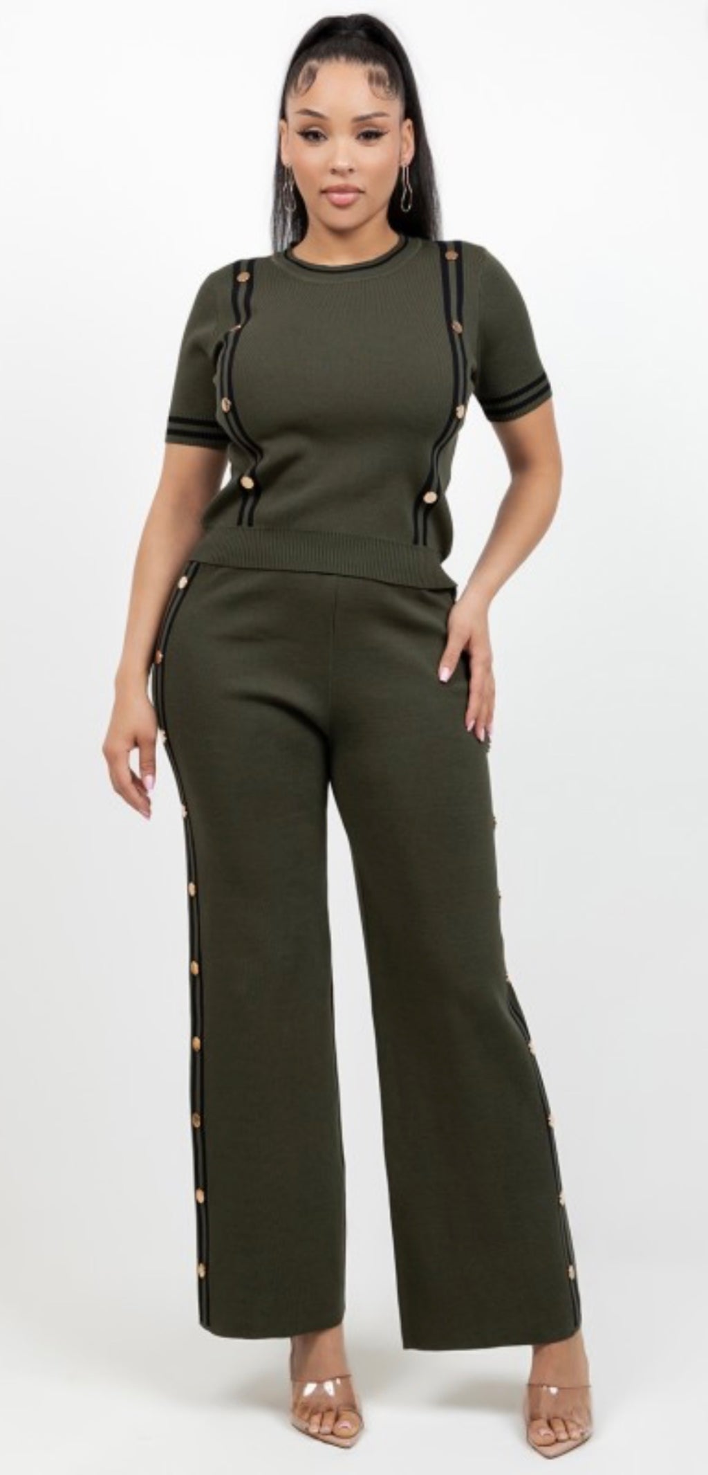 Olive Green Button-Trim Two-Piece Set