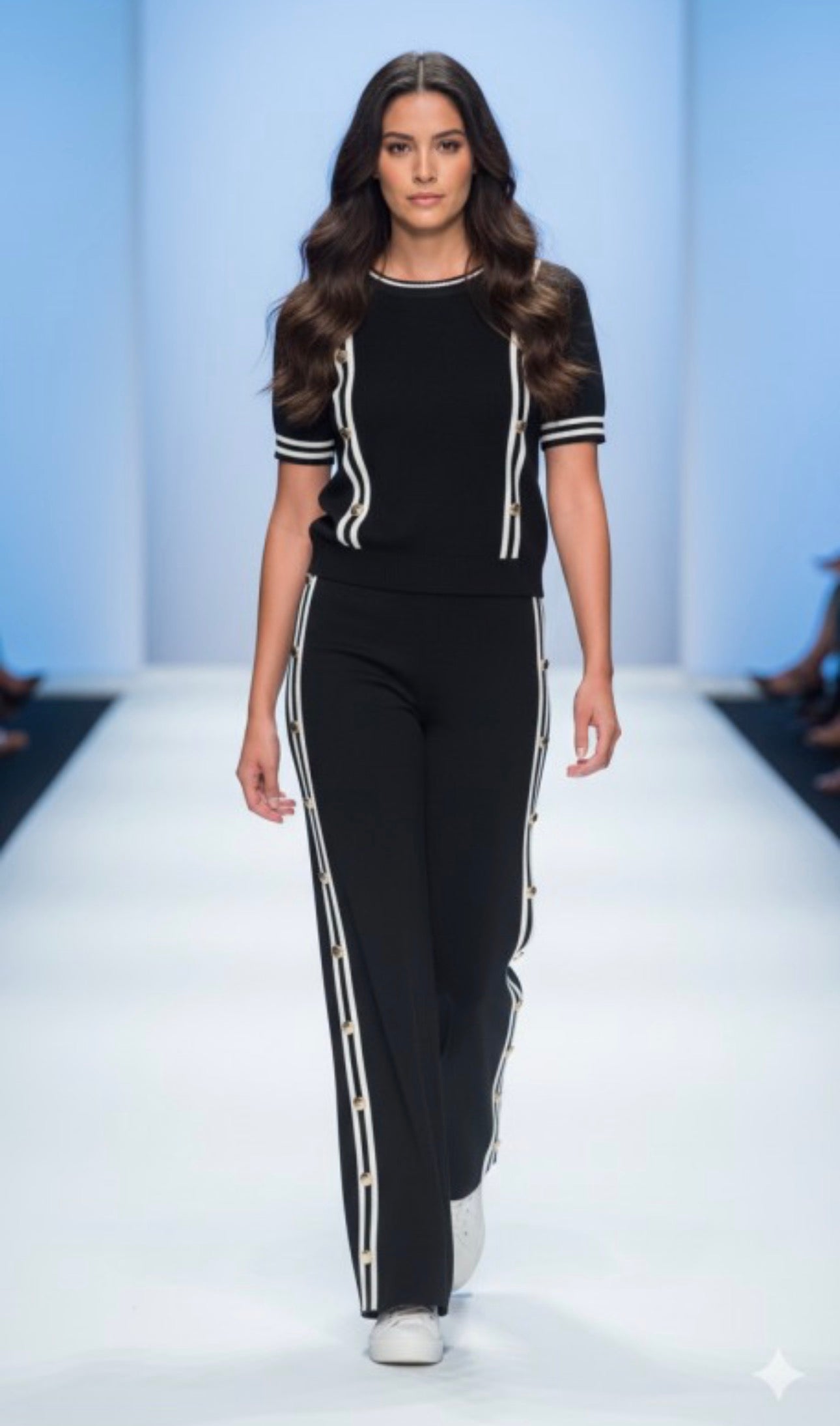 Model wearing black and white stripe trim two-piece set on runway