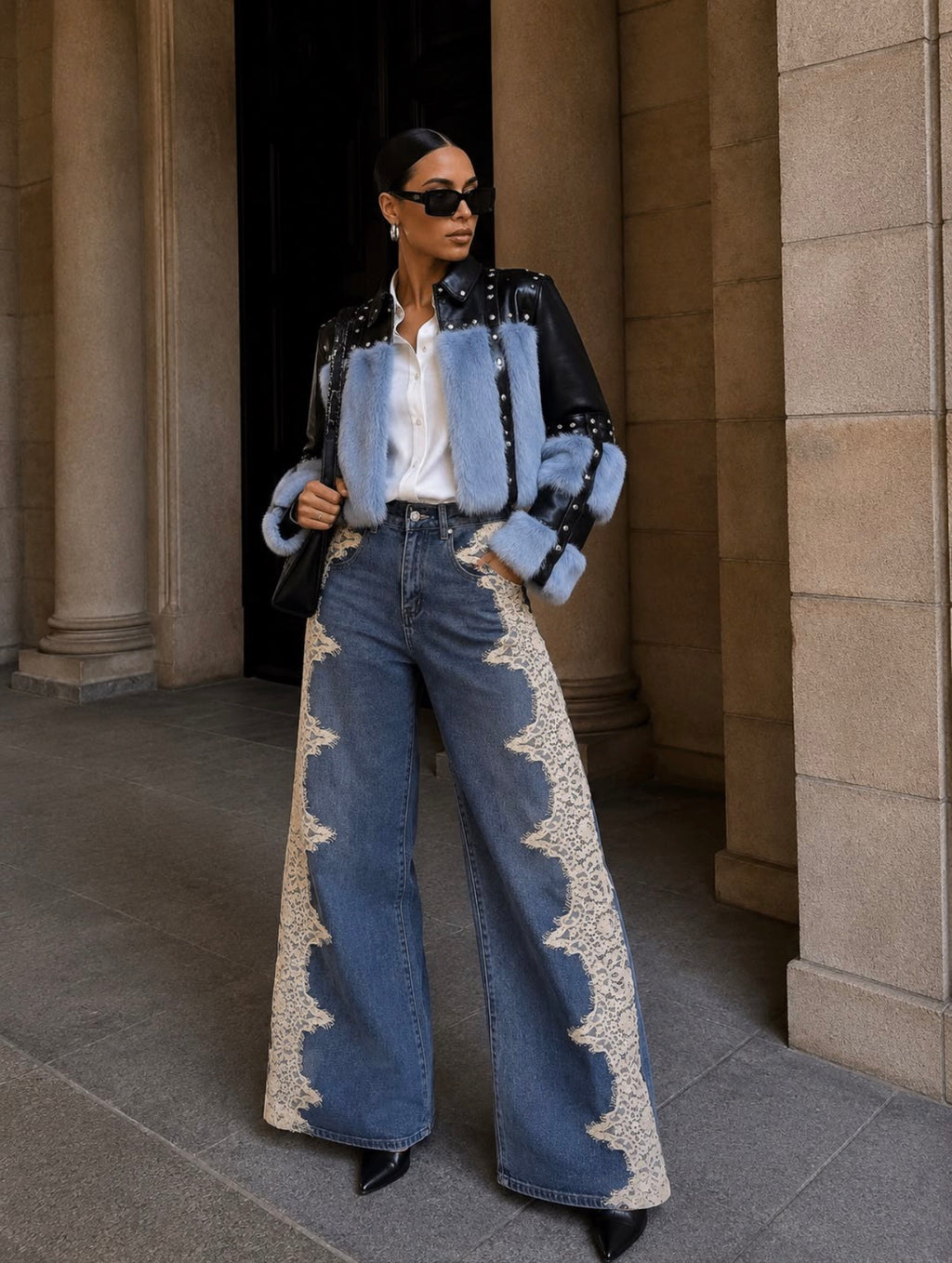 Woman wearing lace panel wide-leg jeans with black leather jacket with blue fur trim