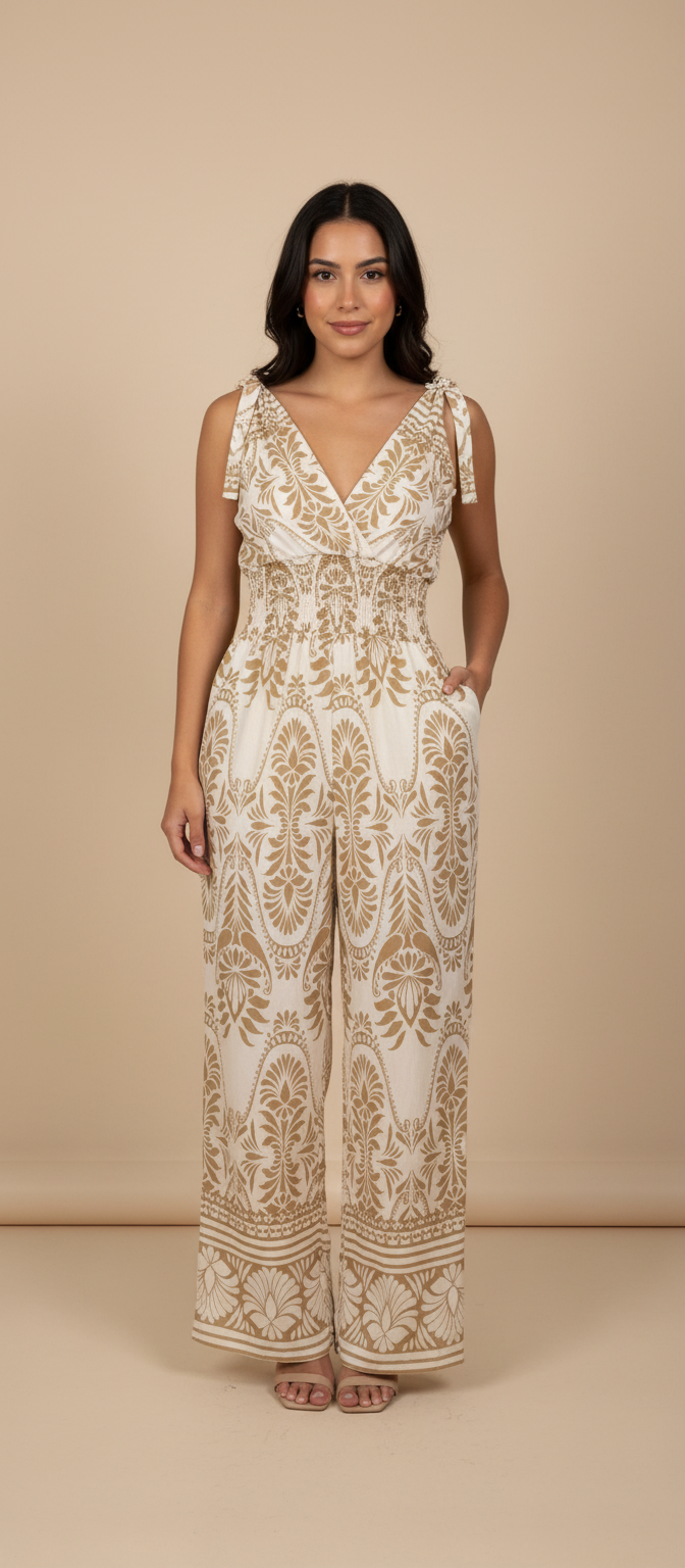 Jumpsuit estampado barroco crema y dorado con pierna ancha