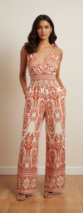 Jumpsuit estampado barroco terracota y crema con pierna ancha