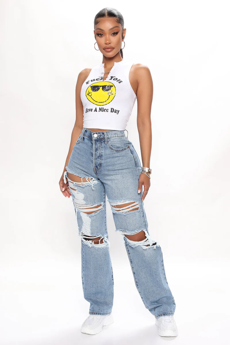 Jeans Straight Shredded Azul Medio para mujer